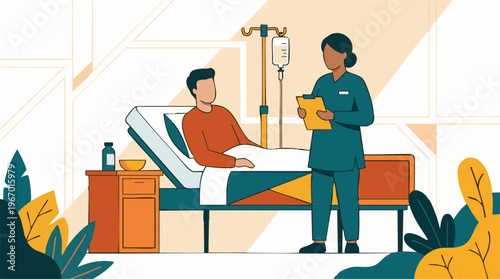 Nurse caring for male patient in hospital bed with IV drip illustration