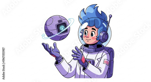 A cheerful astronaut with blue hair, dressed in a white spacesuit, levitates a small purple satellite with a camera eye over their left hand, exploring outer space with enthusiasm and wonder