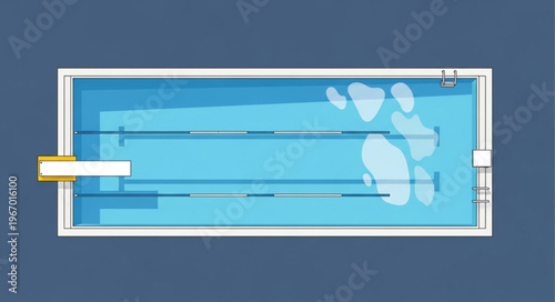 Top view of a swimming pool with lanes and diving board.