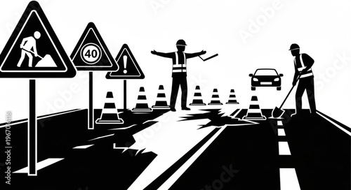 Road construction workers directing traffic with safety cones and signs.