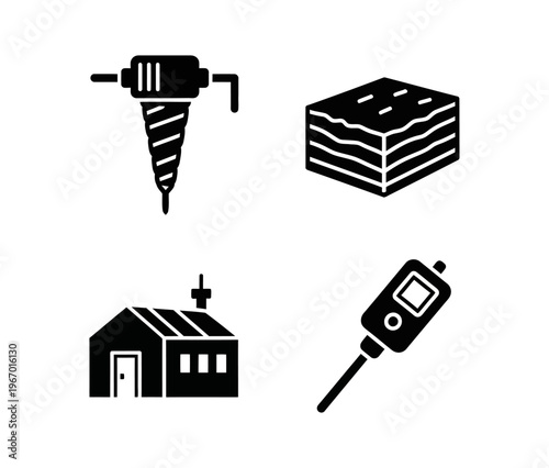 Set of four flat icons representing construction tools and materials, including a drill, concrete block, building, and thermometer, ideal for engineering and building design
