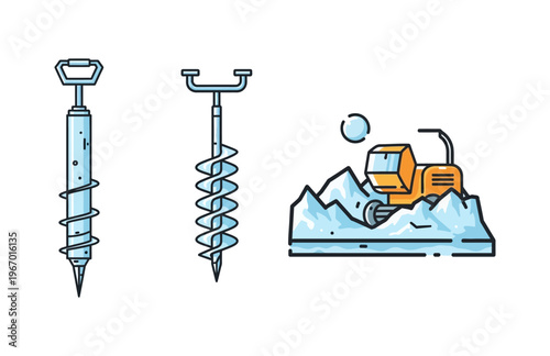 Vector illustration of ice augers and heavy machinery breaking ice, ideal for winter construction, arctic engineering, and cold environment projects