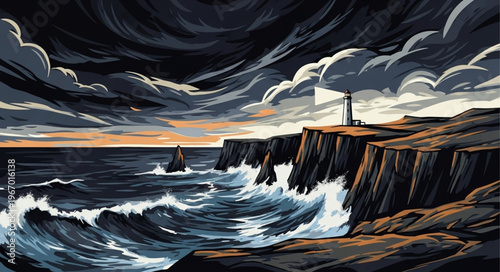 Stormy sea crashing against cliffs with a lighthouse guiding the way.