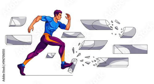Dynamic runner in athletic attire, bursting through fragmented barriers to symbolize triumph, progress, and overcoming professional challenges in a determined, forward-moving stride