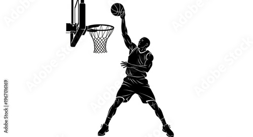 Silhouette of a basketball player dunking the ball into the hoop.
