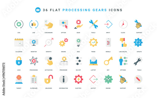Process support, gears with arrows and settings sliders thin symbols vector illustration. Gears of processing, gearwheel of mechanism and machinery, repair tool flat icon set