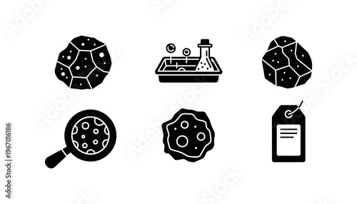 Comprehensive set of scientific icons illustrating various aspects of biological research, including microscopic cell structures, laboratory experiments, and sample identification processes