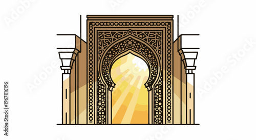 Ornate archway with patterned details and sunlight streaming through