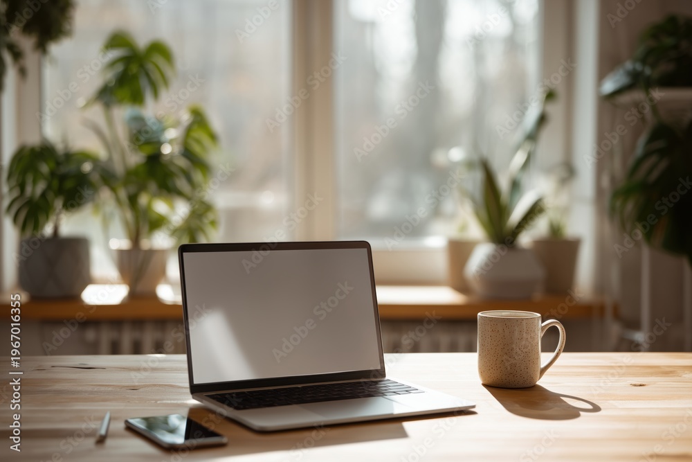 Fototapeta premium Modern minimalist home office workspace with laptop and coffee mug on wooden desk