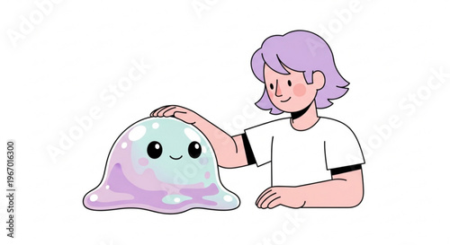 A person gently petting a cute, smiling blob creature with a pastel color palette, creating a heartwarming and whimsical scene