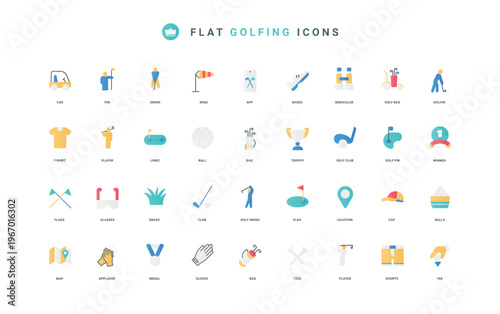 Ball and tee, golf club and bag, flag training thin symbols vector illustration. Golf equipment and grass field for professional golfing, trophy of tournament flat icon set