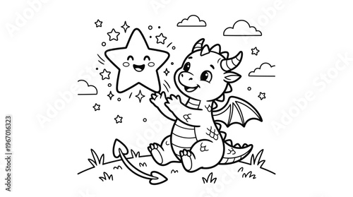 Smiling Dragon Holding Star Illustration.