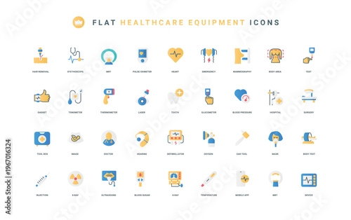 MRI and ultrasound scan, radiology, surgery thin symbols vector illustration. Medical devices and first aid kit, home and hospital healthcare diagnostic equipment flat icon set
