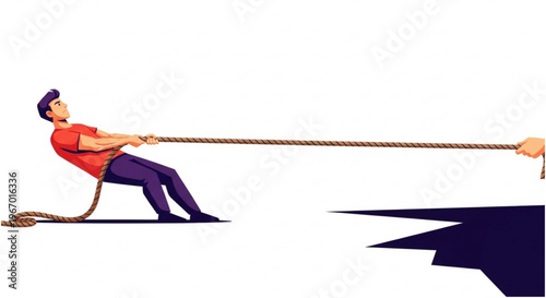 Determined individual pulls a rope in a tense contest across a perilous gap, illustrating business challenges, overcoming obstacles, and the struggle for success