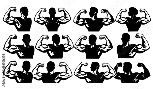 Muscular arm stencil vector set with strong biceps flexing gym fitness logo collection