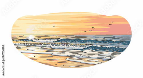 Gentle ocean waves lap a sandy beach under a warm, pastel sunset