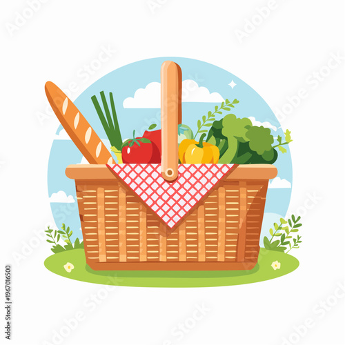 春の行楽にぴったりなピクニックバスケットのベクターイラスト