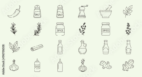 Hand-drawn icons of spices, herbs, and condiments