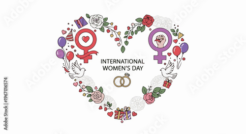 Heart with symbols of womanhood, flowers, doves, balloons, gifts, and rings