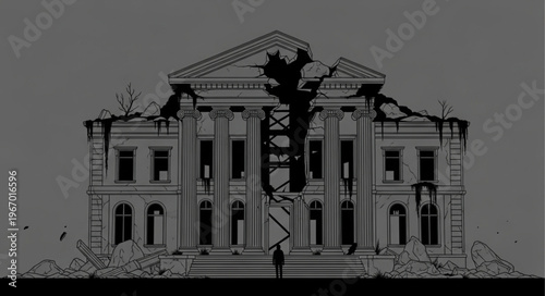 Ruined classical building with a large crack down the center.