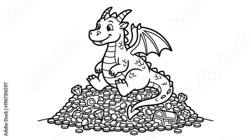 Smiling dragon sitting on treasure coins.