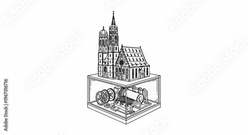 Intricate mechanical model of a gothic cathedral with visible clockwork mechanism