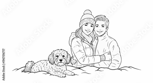 A young couple and their dog pose happily in winter attire