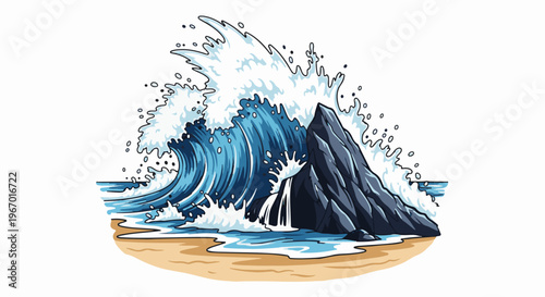 Crashing ocean wave against a jagged rock on a sandy beach