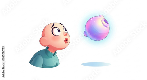 A curious child gazes with wonder at a glowing, ethereal orb floating in the air, creating a sense of magic and discovery
