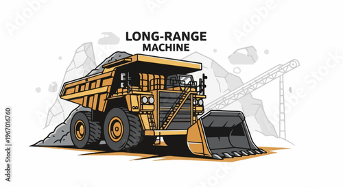 Large yellow mining truck in a rocky landscape with a conveyor belt