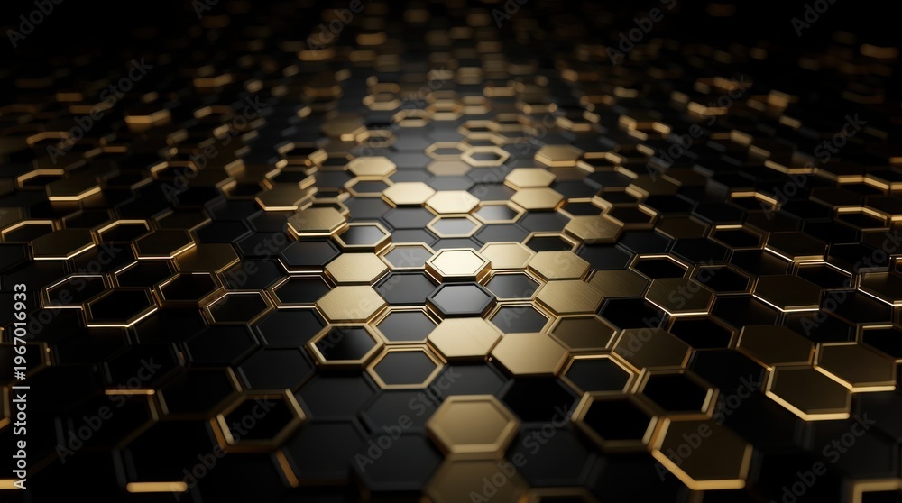 Fototapeta premium A glossy, futuristic surface composed of interlocking gold and black hexagons with a reflective, high-tech aesthetic.