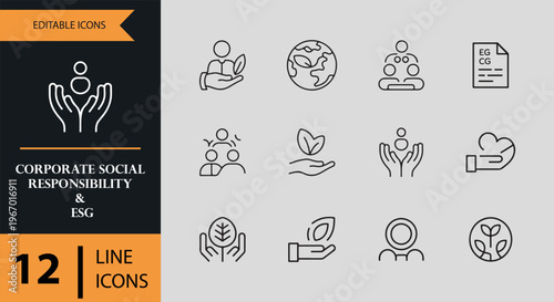 12 Corporate Social Responsibility and ESG outline icon set. sustainability csr environmental governance outline icons
