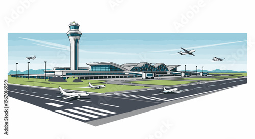 Modern airport with control tower, terminal, runway, and planes in flight