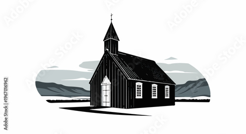 Minimalist dark wooden church with steeple and mountain backdrop