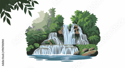 Lush green foliage frames a multi-tiered cascading waterfall in a jungle setting