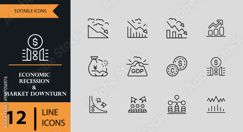 12 Economic Recession and Market Downturn outline icon set. economic recession market decline outline icons