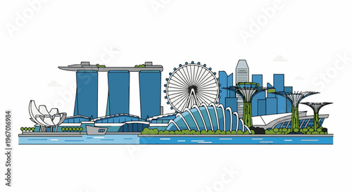 Modern city skyline with distinctive architectural landmarks and waterfront