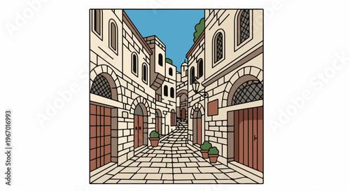 Narrow cobblestone street lined with old stone buildings and potted plants