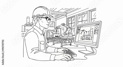 Engineer works on computer, controlling robotic arm in factory