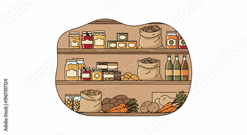 Pantry shelves stocked with preserved goods, grains, root vegetables, and bottles