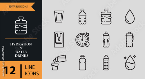 12 Hydration and Water Drinks Icons outline icon set. water hydration healthy drinks outline icons