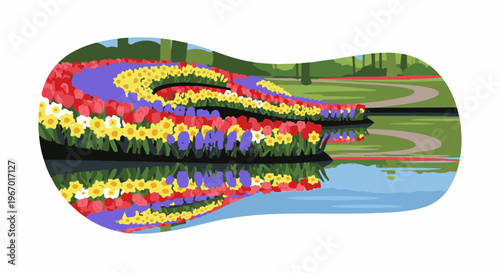 Colorful flower beds reflected in a tranquil garden pond