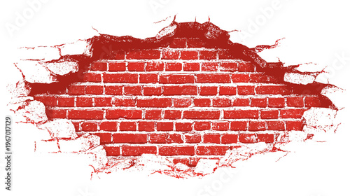 Red brick wall exposed through torn surface on a white background