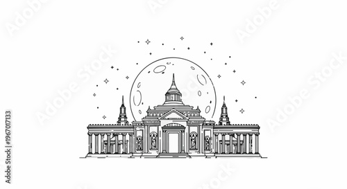 Ornate building facade beneath a large moon and star-filled sky