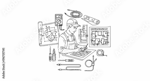 Electrician planning project, surrounded by blueprints, tools, and electrical components