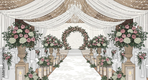 Elegant Wedding Ceremony Archway Decorated with Flowers and Drapes.
