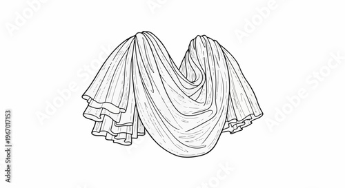 Black and white line drawing of draped fabric with ruffles