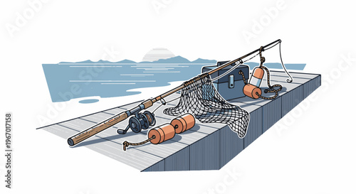 Fishing gear rests on a wooden dock by the water with distant mountains