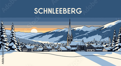 Idyllic snowy village nestled against majestic mountains at sunset