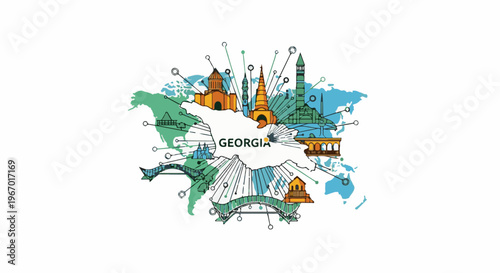 Colorful skyline and map graphic of Georgia, featuring famous landmarks